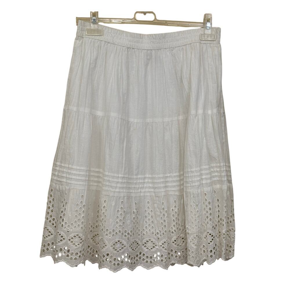 Women's White Eyelet Midi Skirt - Tiered Cotton Design